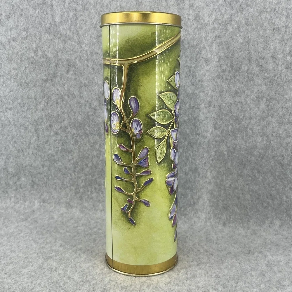 Silver Crane Green Floral Tin Art Nouveau Wisteria Storage Canister Lid Spring